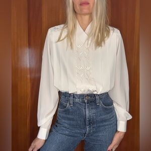 Vintage Tuxedo Pleated Embroidered Back Button-down Cottagecore Blouse